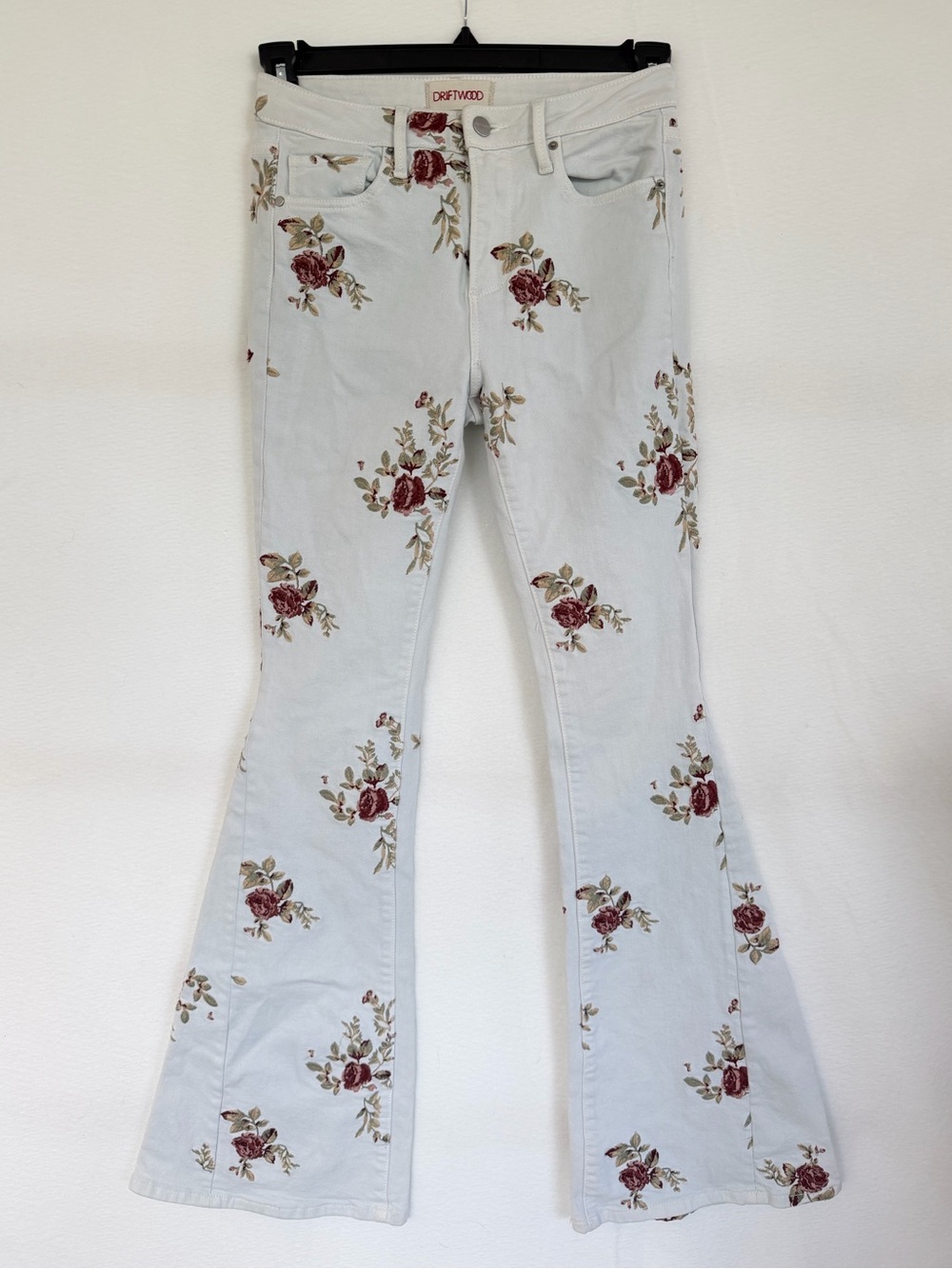 DRIFTWOOD Light Blue Rose Embroidered Flare Jeans in FARRAH